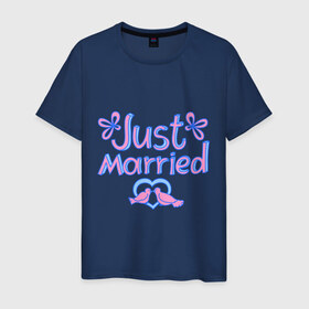 Мужская футболка хлопок с принтом Just married blue , 100% хлопок | прямой крой, круглый вырез горловины, длина до линии бедер, слегка спущенное плечо. | just married | брак | голубки | жених | кольца | молодожены | невеста | свадьба | супруги