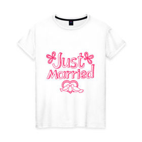 Женская футболка хлопок с принтом Just married pink , 100% хлопок | прямой крой, круглый вырез горловины, длина до линии бедер, слегка спущенное плечо | just married | брак | голубки | жених | кольца | молодожены | невеста | свадьба | супруги