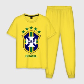 Мужская пижама хлопок с принтом Сборная Бразилии по футболу , 100% хлопок | брюки и футболка прямого кроя, без карманов, на брюках мягкая резинка на поясе и по низу штанин
 | бразилия