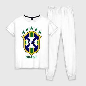 Женская пижама хлопок с принтом Сборная Бразилии по футболу , 100% хлопок | брюки и футболка прямого кроя, без карманов, на брюках мягкая резинка на поясе и по низу штанин | бразилия