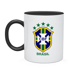 Кружка двухцветная с принтом Сборная Бразилии по футболу , керамика | объем — 330 мл, диаметр — 80 мм. Цветная ручка и кайма сверху, в некоторых цветах — вся внутренняя часть | бразилия
