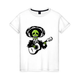 Женская футболка хлопок с принтом Мертвый музыкант , 100% хлопок | прямой крой, круглый вырез горловины, длина до линии бедер, слегка спущенное плечо | гитара | скелет