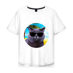 Мужская футболка хлопок Oversize с принтом Котэ на пляже , 100% хлопок | свободный крой, круглый ворот, “спинка” длиннее передней части | Тематика изображения на принте: кот | котэ | лето | мем | очки | пальма | пляж | солнце