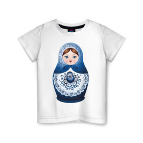 Детская футболка хлопок с принтом Матрешка Гжель , 100% хлопок | круглый вырез горловины, полуприлегающий силуэт, длина до линии бедер | русь