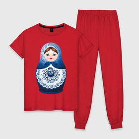 Женская пижама хлопок с принтом Матрешка Гжель , 100% хлопок | брюки и футболка прямого кроя, без карманов, на брюках мягкая резинка на поясе и по низу штанин | Тематика изображения на принте: русь