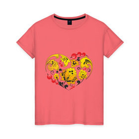 Женская футболка хлопок с принтом Сердце России , 100% хлопок | прямой крой, круглый вырез горловины, длина до линии бедер, слегка спущенное плечо | роспись | россия | русский | сердце | хохлома