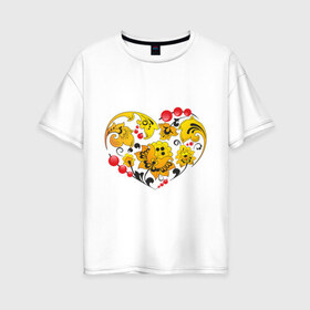 Женская футболка хлопок Oversize с принтом Сердце России , 100% хлопок | свободный крой, круглый ворот, спущенный рукав, длина до линии бедер
 | роспись | россия | русский | сердце | хохлома