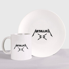 Набор: тарелка + кружка с принтом Metallica , керамика | Кружка: объем — 330 мл, диаметр — 80 мм. Принт наносится на бока кружки, можно сделать два разных изображения. 
Тарелка: диаметр - 210 мм, диаметр для нанесения принта - 120 мм. | металлика