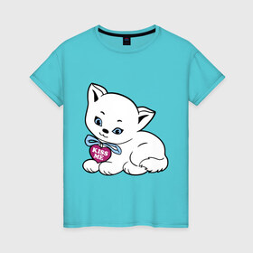Женская футболка хлопок с принтом Белая кошечка , 100% хлопок | прямой крой, круглый вырез горловины, длина до линии бедер, слегка спущенное плечо | kiss | kiss me | киса | киска | котейка | котенок | котя | кошечка | кошка | лапочка