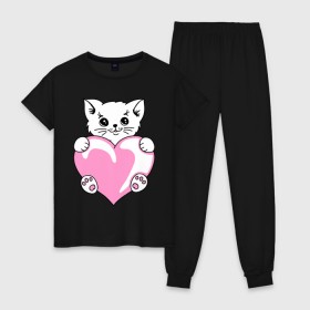 Женская пижама хлопок с принтом Котеночек с сердечком , 100% хлопок | брюки и футболка прямого кроя, без карманов, на брюках мягкая резинка на поясе и по низу штанин | киса | киска | котейка | котенок | котя | кошечка | кошка | лапочка | сердечко | сердце
