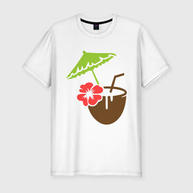 Мужская футболка премиум с принтом Коктейль , 92% хлопок, 8% лайкра | приталенный силуэт, круглый вырез ворота, длина до линии бедра, короткий рукав | Тематика изображения на принте: зонтик | кокос | коктейль | лето | море | отпуск | пляж