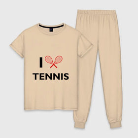 Женская пижама хлопок с принтом I Love Tennis , 100% хлопок | брюки и футболка прямого кроя, без карманов, на брюках мягкая резинка на поясе и по низу штанин | ракетка | тенис | теннис | теннисист