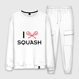 Мужской костюм хлопок с принтом I LOVE SQUASH , 100% хлопок | на свитшоте круглая горловина, мягкая резинка по низу. Брюки заужены к низу, на них два вида карманов: два “обычных” по бокам и два объемных, с клапанами, расположенные ниже линии бедра. Брюки с мягкой трикотажной резинкой на поясе и по низу штанин. В поясе для дополнительного комфорта — широкие завязки | Тематика изображения на принте: squash | ракетка | сквош