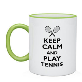Кружка двухцветная с принтом Play tennis , керамика | объем — 330 мл, диаметр — 80 мм. Цветная ручка и кайма сверху, в некоторых цветах — вся внутренняя часть | ракетка | тенис | теннис | теннисист