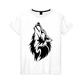 Женская футболка хлопок с принтом Воющий волк , 100% хлопок | прямой крой, круглый вырез горловины, длина до линии бедер, слегка спущенное плечо | воет | вой | волк | голова