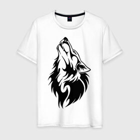 Мужская футболка хлопок с принтом Воющий волк , 100% хлопок | прямой крой, круглый вырез горловины, длина до линии бедер, слегка спущенное плечо. | воет | вой | волк | голова