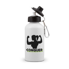 Бутылка спортивная с принтом Conquer , металл | емкость — 500 мл, в комплекте две пластиковые крышки и карабин для крепления | Тематика изображения на принте: 