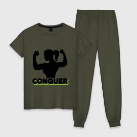 Женская пижама хлопок с принтом Conquer , 100% хлопок | брюки и футболка прямого кроя, без карманов, на брюках мягкая резинка на поясе и по низу штанин | 