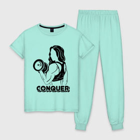 Женская пижама хлопок с принтом Conquer , 100% хлопок | брюки и футболка прямого кроя, без карманов, на брюках мягкая резинка на поясе и по низу штанин | conquer | детка | качок | мышцы | спорт | спортсменка | фитоняша | фитоняшка | штанга
