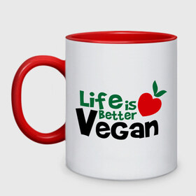 Кружка двухцветная с принтом Vegan life is better , керамика | объем — 330 мл, диаметр — 80 мм. Цветная ручка и кайма сверху, в некоторых цветах — вся внутренняя часть | 