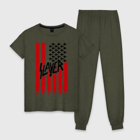 Женская пижама хлопок с принтом Slayer flag , 100% хлопок | брюки и футболка прямого кроя, без карманов, на брюках мягкая резинка на поясе и по низу штанин | flag | slayer | америка | музыка | рок | сша | флаг