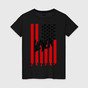 Женская футболка хлопок с принтом Slayer flag , 100% хлопок | прямой крой, круглый вырез горловины, длина до линии бедер, слегка спущенное плечо | flag | slayer | америка | музыка | рок | сша | флаг