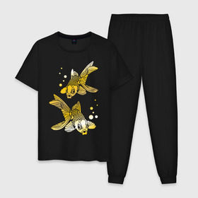 Мужская пижама хлопок с принтом Золотые рыбки , 100% хлопок | брюки и футболка прямого кроя, без карманов, на брюках мягкая резинка на поясе и по низу штанин
 | две | золото | пара | рыбки