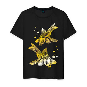 Мужская футболка хлопок с принтом Золотые рыбки , 100% хлопок | прямой крой, круглый вырез горловины, длина до линии бедер, слегка спущенное плечо. | Тематика изображения на принте: две | золото | пара | рыбки
