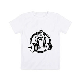 Детская футболка хлопок с принтом Горилла со штангой , 100% хлопок | круглый вырез горловины, полуприлегающий силуэт, длина до линии бедер | Тематика изображения на принте: горилла | кач | спорт | штанга