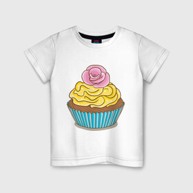 Детская футболка хлопок с принтом Кекс с розочкой , 100% хлопок | круглый вырез горловины, полуприлегающий силуэт, длина до линии бедер | выпечка | для девушек | еда | кекс | кексик | маффин | рисунок