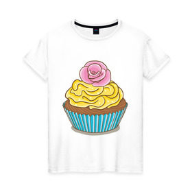 Женская футболка хлопок с принтом Кекс с розочкой , 100% хлопок | прямой крой, круглый вырез горловины, длина до линии бедер, слегка спущенное плечо | выпечка | для девушек | еда | кекс | кексик | маффин | рисунок