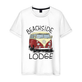 Мужская футболка хлопок с принтом Beachside lodge , 100% хлопок | прямой крой, круглый вырез горловины, длина до линии бедер, слегка спущенное плечо. | beachside lodge | автобус | автомобиль | лето | машина | пляж