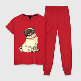 Женская пижама хлопок с принтом Радостный мопс , 100% хлопок | брюки и футболка прямого кроя, без карманов, на брюках мягкая резинка на поясе и по низу штанин | милый | мопс | пес | радостная | собака
