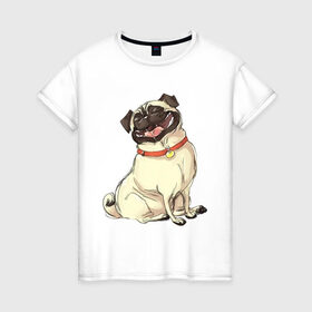 Женская футболка хлопок с принтом Радостный мопс , 100% хлопок | прямой крой, круглый вырез горловины, длина до линии бедер, слегка спущенное плечо | милый | мопс | пес | радостная | собака