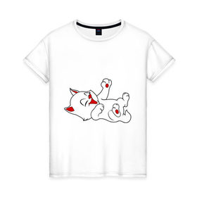 Женская футболка хлопок с принтом Веселый котенок , 100% хлопок | прямой крой, круглый вырез горловины, длина до линии бедер, слегка спущенное плечо | 