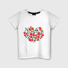 Детская футболка хлопок с принтом Сердце России с красными ягодами , 100% хлопок | круглый вырез горловины, полуприлегающий силуэт, длина до линии бедер | Тематика изображения на принте: костяника | красные | россия | рябина | сердце | ягоды