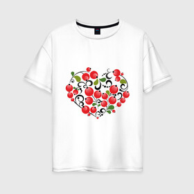 Женская футболка хлопок Oversize с принтом Сердце России с красными ягодами , 100% хлопок | свободный крой, круглый ворот, спущенный рукав, длина до линии бедер
 | костяника | красные | россия | рябина | сердце | ягоды