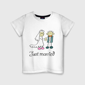 Детская футболка хлопок с принтом Just married , 100% хлопок | круглый вырез горловины, полуприлегающий силуэт, длина до линии бедер | Тематика изображения на принте: just | married | жених | молодожены | невеста | свадьба