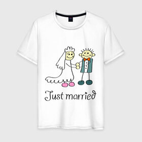 Мужская футболка хлопок с принтом Just married , 100% хлопок | прямой крой, круглый вырез горловины, длина до линии бедер, слегка спущенное плечо. | just | married | жених | молодожены | невеста | свадьба