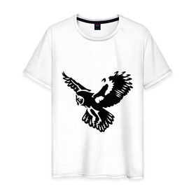 Мужская футболка хлопок с принтом Полет совы , 100% хлопок | прямой крой, круглый вырез горловины, длина до линии бедер, слегка спущенное плечо. | Тематика изображения на принте: сова