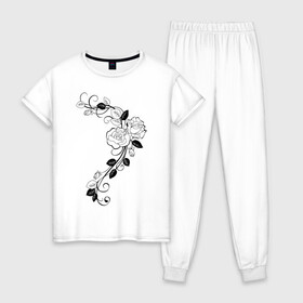 Женская пижама хлопок с принтом Розы , 100% хлопок | брюки и футболка прямого кроя, без карманов, на брюках мягкая резинка на поясе и по низу штанин | букет | ветвь | розы цветы