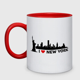 Кружка двухцветная с принтом I love NY (панорама) , керамика | объем — 330 мл, диаметр — 80 мм. Цветная ручка и кайма сверху, в некоторых цветах — вся внутренняя часть | i | love | new | york | город | йорк | люблю | нью | панорама | свобода | статуя | я