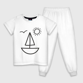 Детская пижама хлопок с принтом Настроение - море , 100% хлопок |  брюки и футболка прямого кроя, без карманов, на брюках мягкая резинка на поясе и по низу штанин
 | корабль | лицо | лодка | море | настроение | парус | птица | рожица | солнце | улыбка | чайка | яхта