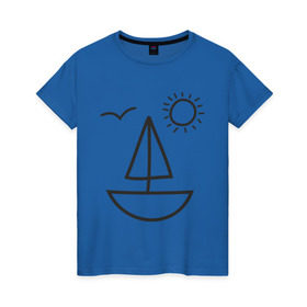 Женская футболка хлопок с принтом Настроение - море , 100% хлопок | прямой крой, круглый вырез горловины, длина до линии бедер, слегка спущенное плечо | корабль | лицо | лодка | море | настроение | парус | птица | рожица | солнце | улыбка | чайка | яхта