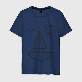 Мужская футболка хлопок с принтом Настроение - море , 100% хлопок | прямой крой, круглый вырез горловины, длина до линии бедер, слегка спущенное плечо. | Тематика изображения на принте: корабль | лицо | лодка | море | настроение | парус | птица | рожица | солнце | улыбка | чайка | яхта
