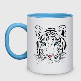 Кружка двухцветная с принтом Белый тигр , керамика | объем — 330 мл, диаметр — 80 мм. Цветная ручка и кайма сверху, в некоторых цветах — вся внутренняя часть | белый | голова | красивый | редкий | тигр