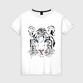 Женская футболка хлопок с принтом Белый тигр , 100% хлопок | прямой крой, круглый вырез горловины, длина до линии бедер, слегка спущенное плечо | белый | голова | красивый | редкий | тигр