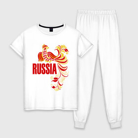 Женская пижама хлопок с принтом Россия , 100% хлопок | брюки и футболка прямого кроя, без карманов, на брюках мягкая резинка на поясе и по низу штанин | жар | золотая | металл | патриот | птица | россия | русский