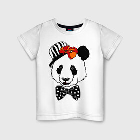 Детская футболка хлопок с принтом Панда с маками , 100% хлопок | круглый вырез горловины, полуприлегающий силуэт, длина до линии бедер | бабочка | галстук | мак | медведь | панда | цветы | шляпа