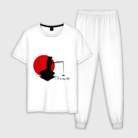 Мужская пижама хлопок с принтом Японская ночная рыбалка , 100% хлопок | брюки и футболка прямого кроя, без карманов, на брюках мягкая резинка на поясе и по низу штанин
 | fishermen | жизнь | рыба | рыбак | рыбалка | солнце | туризм | удочка | укаи | япония
